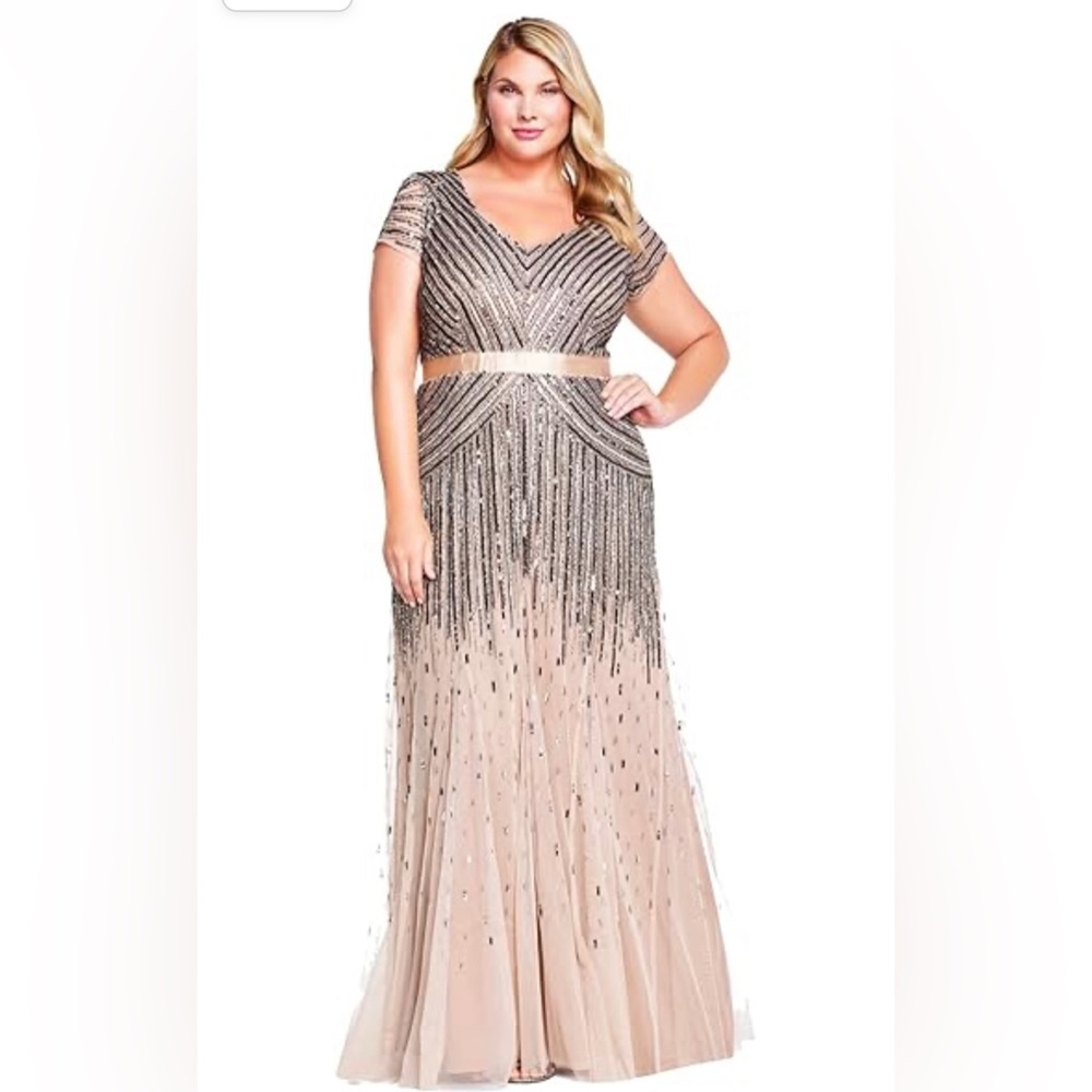 Adrianna Papell Plus Size Cap Sleeve Linear Beaded Gown